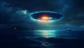 image of an illuminated UFO spaceship hovering over a stormy ocean. Generative ai