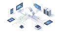 A cloud computing system with various devices connected to servers and data storage Royalty Free Stock Photo
