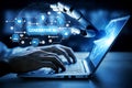 Futuristic Concept of Artificial Intelligence and Machine Learning with Robotic Hand Interacting with Laptop on Digital Royalty Free Stock Photo
