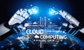Futuristic Artificial Intelligence and Cloud Computing Concept with Robotic Hands Interacting Over Global Technology Royalty Free Stock Photo