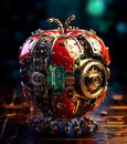 An apple made of intricate clockwork, with tiny gears and cogs exposed on its surface, illustration