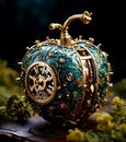 An apple made of intricate clockwork, with tiny gears and cogs exposed on its surface, illustration
