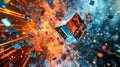 The image is an illustration of a blue cube exploding in a fiery orange background. The explosion is sending out debris Royalty Free Stock Photo