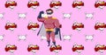 Image of illustration of boom text and explosions with happy male superhero, on pink background