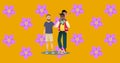 Image of illustration of happy biracial gay male parents and son, with purple flowers on orange