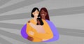 Image of illustration of happy gay female biracial couple hugging with daughter, on grey