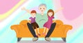 Image of illustration of happy grandfather with grandchildren on knee, over abstract background