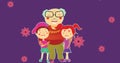 Image of illustration of happy grandfather hugging grandson and granddaughter, with pink flowers