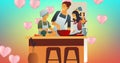 Image of illustration of happy mother cooking with son and daughter, with pink hearts