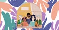 Image of illustration of happy multi generation biracial family at home, with leaf shapes