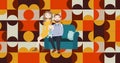 Image of illustration of happy parents holding baby, on retro patterned