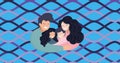 Image of illustration of happy parents hugging son and daughter, over wavy lines on blue
