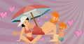 Image of illustration of happy parents and son sunbathing, with pink hearts and rotating lines