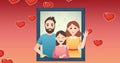 Image of illustration of portrait of happy parents and daughter, with red hearts