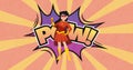 Image of illustration of pow text with smiling girl in superhero costume Royalty Free Stock Photo