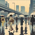 Rainy city scene with people walking under umbrellas, one of them wearing traditional attire