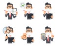 Illustration set of upper body businessman wearing mask and glasses with checklist and magnifying glass