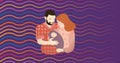 Image of illustration of smiling parents embracing and holding baby, on purple with wavy lines