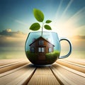 An Image of Illustration About Surreal House Combined with Tea And Leaf