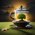 An Image of Illustration About Surreal House Combined with Tea And Leaf