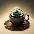 An Image of Illustration About Surreal House Combined with Tea And Leaf