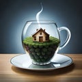 An Image of Illustration About Surreal House Combined with Tea And Leaf