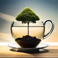 An Image of Illustration About Surreal House Combined with Tea And Leaf