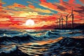 Ocean Wind Farm Illustration: Choppy Waves & Pink Sky, generative ai Royalty Free Stock Photo