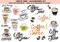 COFFEE TIME illustration set. Isolated watercolor illustrations and text