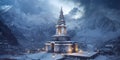 image of Indian temple Kedarnath in snow fall