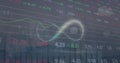 Image of infinity symbol, trading board and multiple graphs over modern buildings against sky Royalty Free Stock Photo