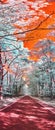 Infrared tunnel of trees with red asphalt road and dark bark on trees with teal and white leaves