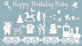 The image with the inscription-Happy birthday baby. Template with vector illustration of toys. Animals on the train. For laser cut