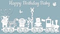 The image with the inscription-Happy birthday baby. Template with vector illustration of toys. Animals on the train. For laser cut Royalty Free Stock Photo