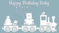 The image with the inscription-Happy birthday. Template with vector illustration of toys. For laser cutting, plotter and silkscree