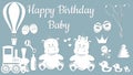 The image with the inscription-Happy birthday. Template with vector illustration of toys. For laser cutting, plotter and silkscree Royalty Free Stock Photo