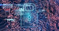 Image of integrated circuit and digital padlock on navy background Royalty Free Stock Photo