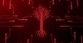 Image of integrated circuit and digital tree on red background