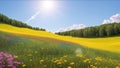 An Image Of An Interestingly Vivid Field Of Flowers With A Sun In The Background AI Generative Royalty Free Stock Photo