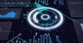 Image of interface with circular scope,motherboard and information moving on black background Royalty Free Stock Photo
