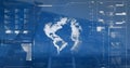 Image of interface with data processing over globe against low angle view of tall building Royalty Free Stock Photo