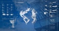Image of interface with data processing and spinning globe over low angle view of tall building Royalty Free Stock Photo