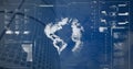 Image of interface with data processing and spinning globe over low angle view of tall building Royalty Free Stock Photo