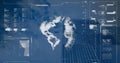 Image of interface with data processing and spinning globe over low angle view of tall building Royalty Free Stock Photo