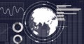 Image of interface with spinning globe and statistical data processing against blue background Royalty Free Stock Photo