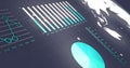 Image of interface with statistical data processing and spinning globe against grey background
