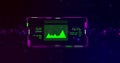 Image of interfaces with green chart processing data over coloured light spots, on black