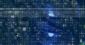 Image of interference and binary coding over server room Royalty Free Stock Photo