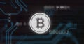 Image of interference over bitcoin symbol, data processing and computer circuit board Royalty Free Stock Photo