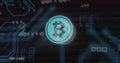 Image of interference over bitcoin symbol, data processing and computer circuit board Royalty Free Stock Photo